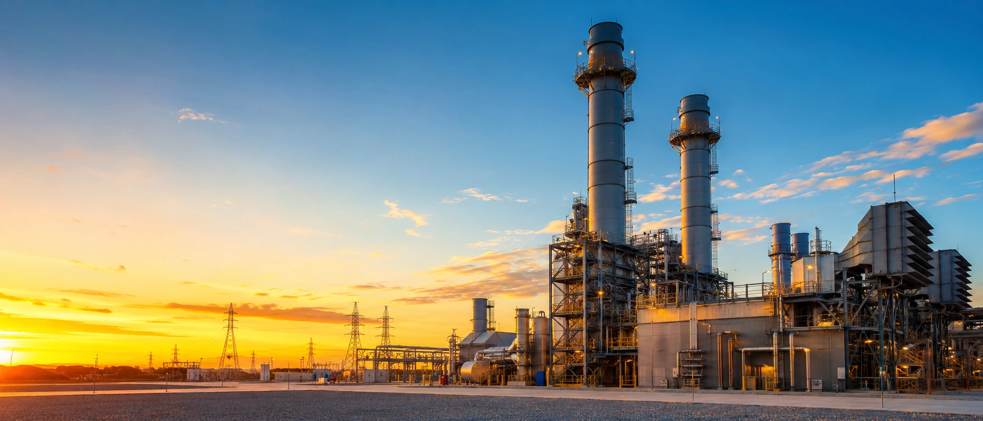 Combined-cycle power generation plant with industrial turbines and electrical grid infrastructure