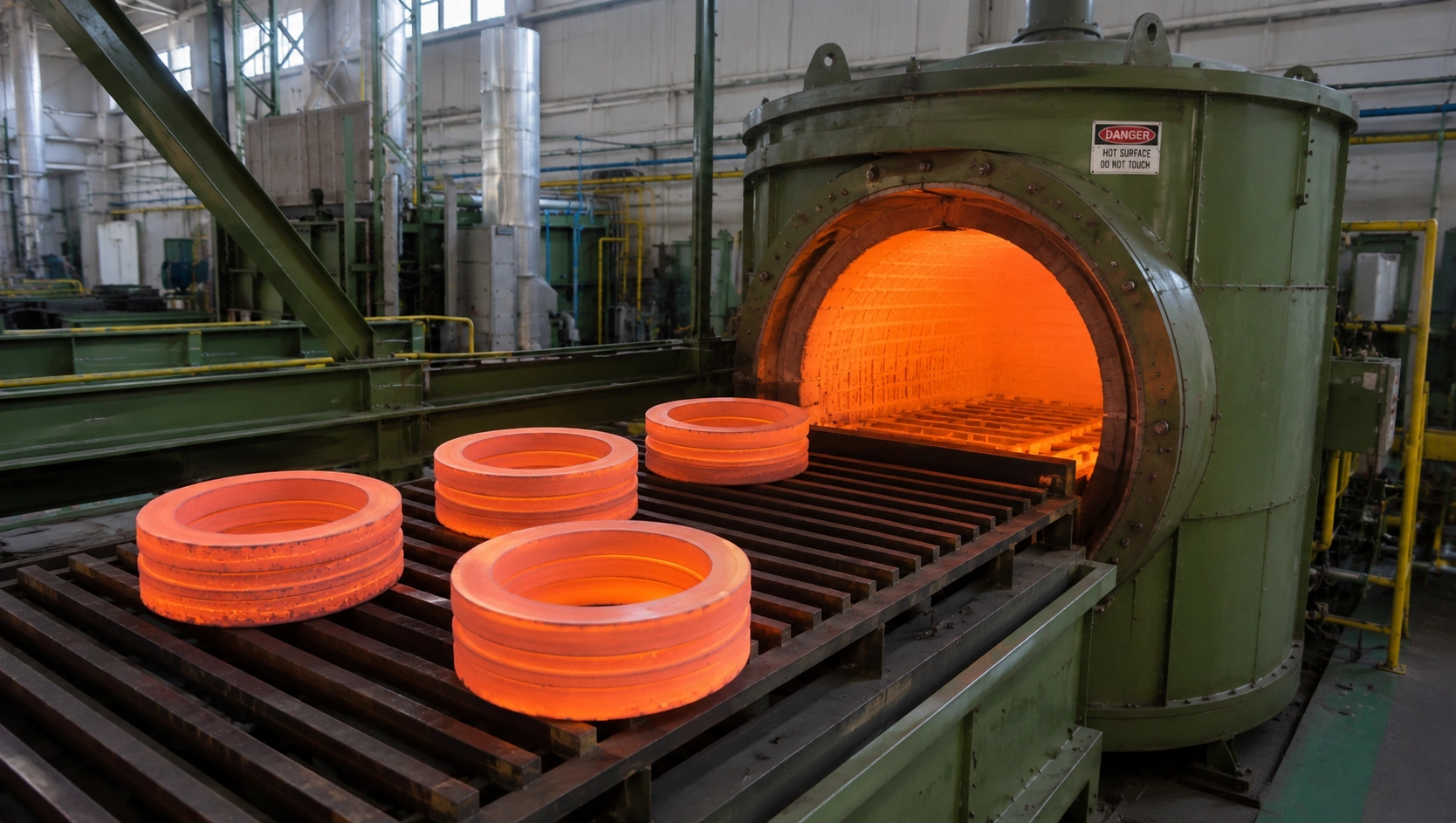 Four glowing metal rings undergoing industrial heat treatment beside an open high-temperature furnace in a manufacturing facility.