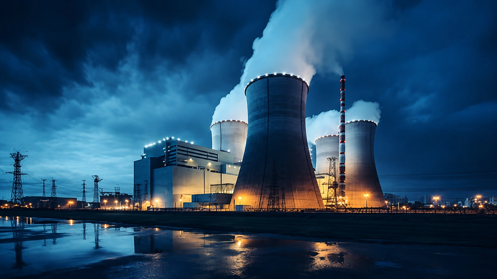 Power generation infrastructure with cooling towers and electrical transmission systems