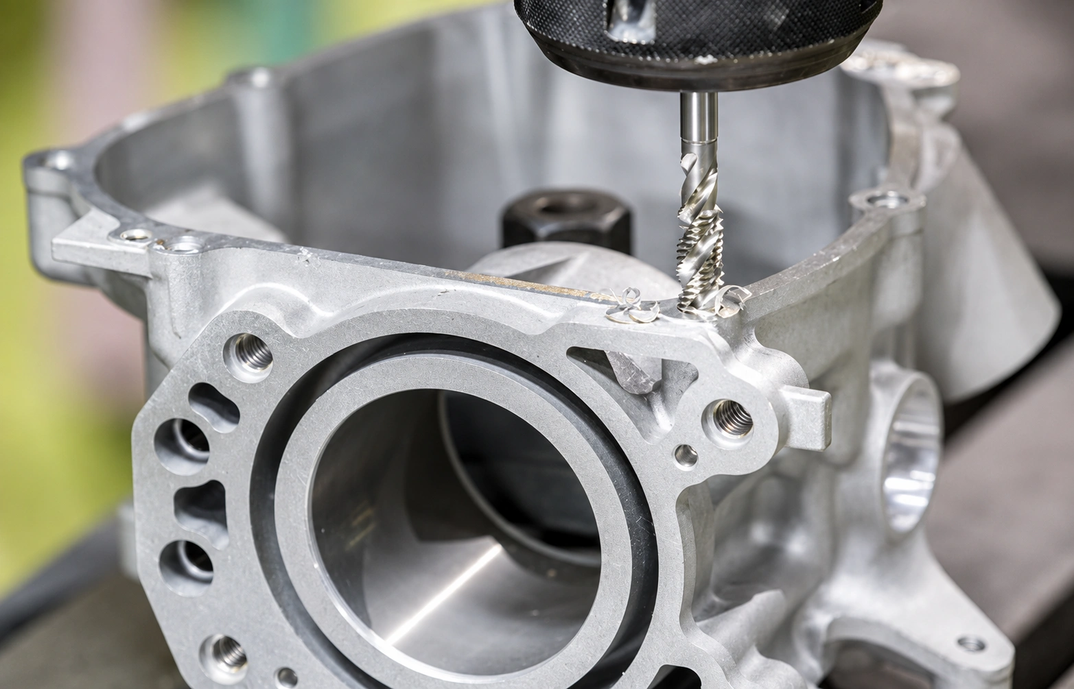 Precision machining of threaded features on an aluminum housing