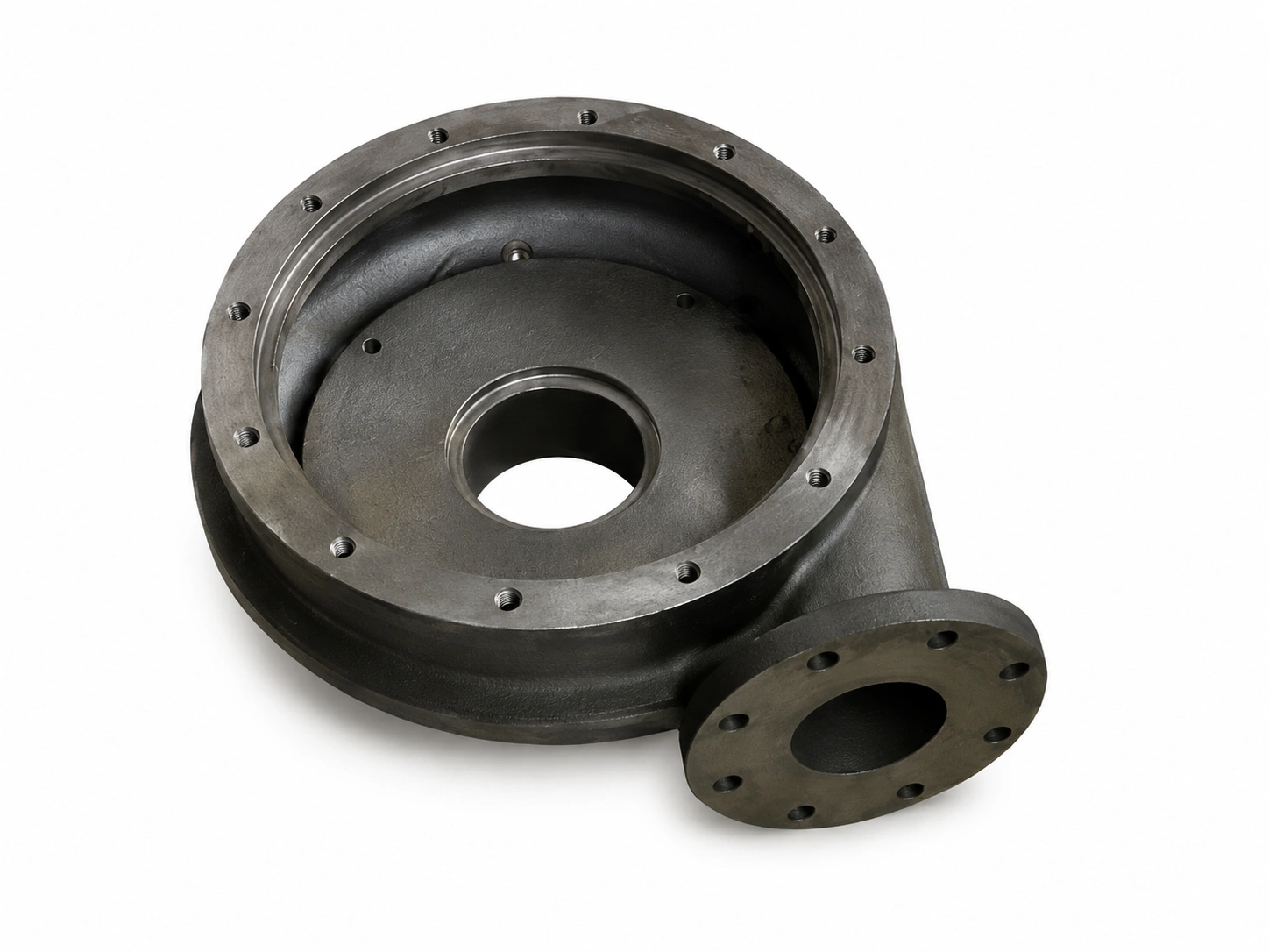 Sand casting industrial pump housing component with machined flange holes and a circular central opening on a white background.