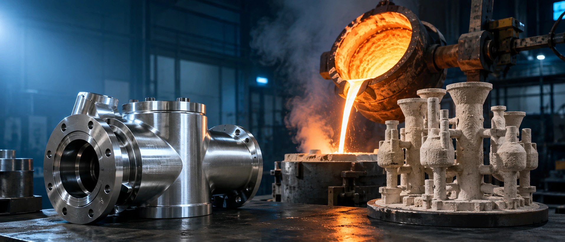 Stainless steel investment casting components, ceramic shell patterns, and molten metal pouring
